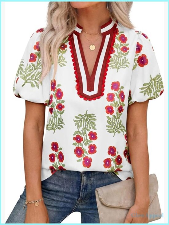 Tops - Floral Puff Sleeve V-Neck Blouse Boho Summer Top Dressy Casual Loose Fit